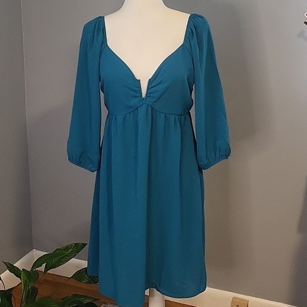 Monteau Poly 3/4 Sleeve Elastic Waist and Neck V-Detail Teal Dress - Size M